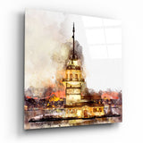 Watercolor Golden Glow Maidens Tower Glass Wall Art - 40x40 cm