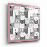 Gray Doodle Faces Pink Border Cats Glass Wall Art - 40x40 cm