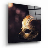 Máscara de Baile de Máscaras con Plumas Doradas Bokeh cuadro de cristal - 40x40 cm