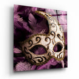 Maschera a Spirale Avorio su Piume Viola quadro in vetro - 40x40 cm