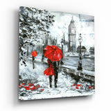 Pareja con Sombrilla Roja junto a la Torre del Reloj cuadro de cristal - 40x40 cm