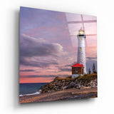 Rosa Sonnenuntergang Leuchtturm auf Klippe Glasbild - 40x40 cm