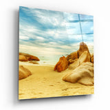 Golden Sand Boulders Sunny Beach Glass Wall Art - 40x40 cm