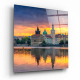 Coucher de Soleil Doré Skyline des Rives de Prague tableau en verre - 40x40 cm