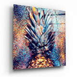 Glitter Splash Metallic Blue Pineapple Glass Wall Art - 40x40 cm