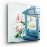 Lanterna Blu con Rose Rosa quadro in vetro - 40x40 cm