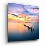 Calm Sea Jetty Sunset Glass Wall Art - 40x40 cm