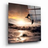 Delfin über sepiafarbener Brandung Glasbild - 40x40 cm