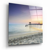 Ponton de plage au coucher de soleil coloré tableau en verre - 40x40 cm