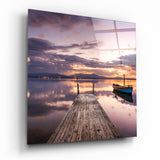 Ponton à bateaux au crépuscule violet tableau en verre - 40x40 cm