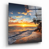 Orange Sunset Cove Palm Trees Glass Wall Art - 40x40 cm
