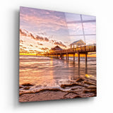 Ponton à pavillon au coucher de soleil rose tableau en verre - 40x40 cm