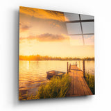 Rowboat and Reeds Dock Glass Wall Art - 40x40 cm