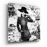 Monochrome Newspaper Collage Hat Woman Glass Wall Art - 40x40 cm