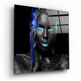 Turquoise Glow Blue Floral Woman Glass Wall Art - 40x40 cm
