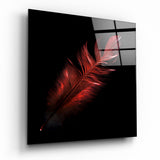 Crimson Glowing Feather on Black Glass Wall Art - 40x40 cm