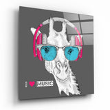 Giraffe With Headphones Music Glass Wall Art - 40x40 cm