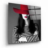 Red Straw Hat Striped Woman Glass Wall Art - 40x40 cm