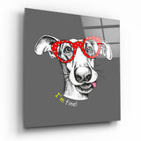 Chien "Ça va" à Lunettes Rouges tableau en verre - 40x40 cm