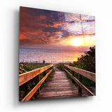 Paseo de Madera y Atardecer Ardiente sobre el Mar cuadro de cristal - 40x40 cm