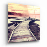 Hölzerner Bohlenweg bei Rosa Sonnenaufgang Glasbild - 40x40 cm