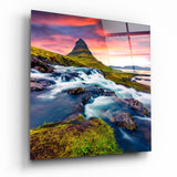 Glasbild Berglandschaft mit Fluss - 40x40 cm