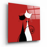 Schwarz-Weißes Katzenpaar auf Rot Glasbild - 40x40 cm