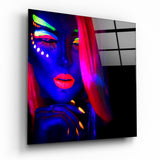 Femme au Maquillage Néon et Cheveux Roses tableau en verre - 40x40 cm