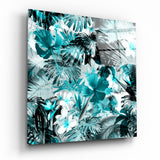 Turquoise Hibiscus Jungle Tropical Leaves Glass Wall Art - 40x40 cm