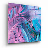 Neon Pink And Blue Palm Tropical Leaves Glass Wall Art - 40x40 cm
