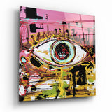 Pink-Gelbes Graffiti-Auge Glasbild - 40x40 cm