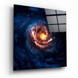 Goldener Kern Spiralgalaxie Blau Glasbild - 40x40 cm