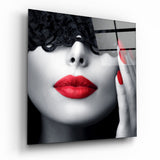 Black Lace Mask Red Lips Glass Wall Art - 40x40 cm