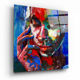 Volto di Donna Coperto di Pittura Blu quadro in vetro - 40x40 cm