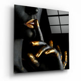 Gold Lips Hush Gesture Square Crop Glass Wall Art - 40x40 cm