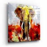 Éléphant Jaune Champ Rouge tableau en verre - 40x40 cm