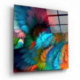 Teal Maroon Feather Burst Glass Wall Art - 40x40 cm
