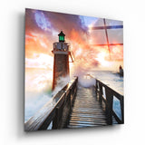 Brechende Welle Promenade Leuchtturm Glasbild - 40x40 cm