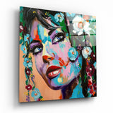Donna Fiori Turchese Tecnica Spatola quadro in vetro - 40x40 cm