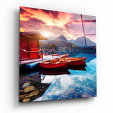 Red Boats Alpine Lake Fiery Sunset Glass Wall Art - 40x40 cm