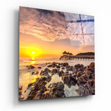 Wooden Pier Pavilion Rocky Sunrise Glass Wall Art - 40x40 cm
