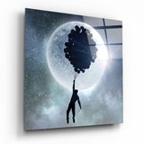 Homme Volant avec Grappe de Ballons et Lune tableau en verre - 40x40 cm