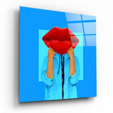 Grandes Lèvres Rouges Veste Bleue tableau en verre - 40x40 cm