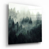 Pendio di Pini Nebbioso Verde Scuro Quadrato quadro in vetro - 40x40 cm