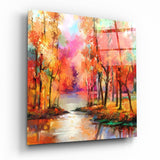 Herbstwald-Bach-Gemälde Glasbild - 40x40 cm