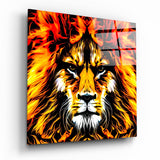 Lion à la Crinière de Flammes Ardentes tableau en verre - 40x40 cm