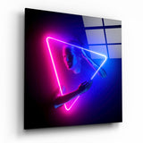 Figure Triangle Néon Rose et Bleu tableau en verre - 40x40 cm