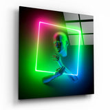 Green Pink Neon Square Frame Figure Glass Wall Art - 40x40 cm