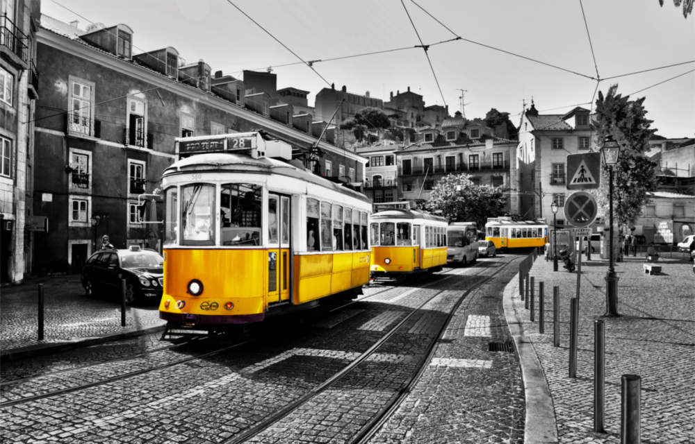 Yellow Tram (Lisbon) Glass Wall Art