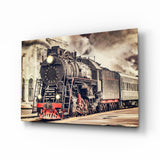 Train à Vapeur Rouge à la Gare Sépia tableau en verre - 72x46 cm